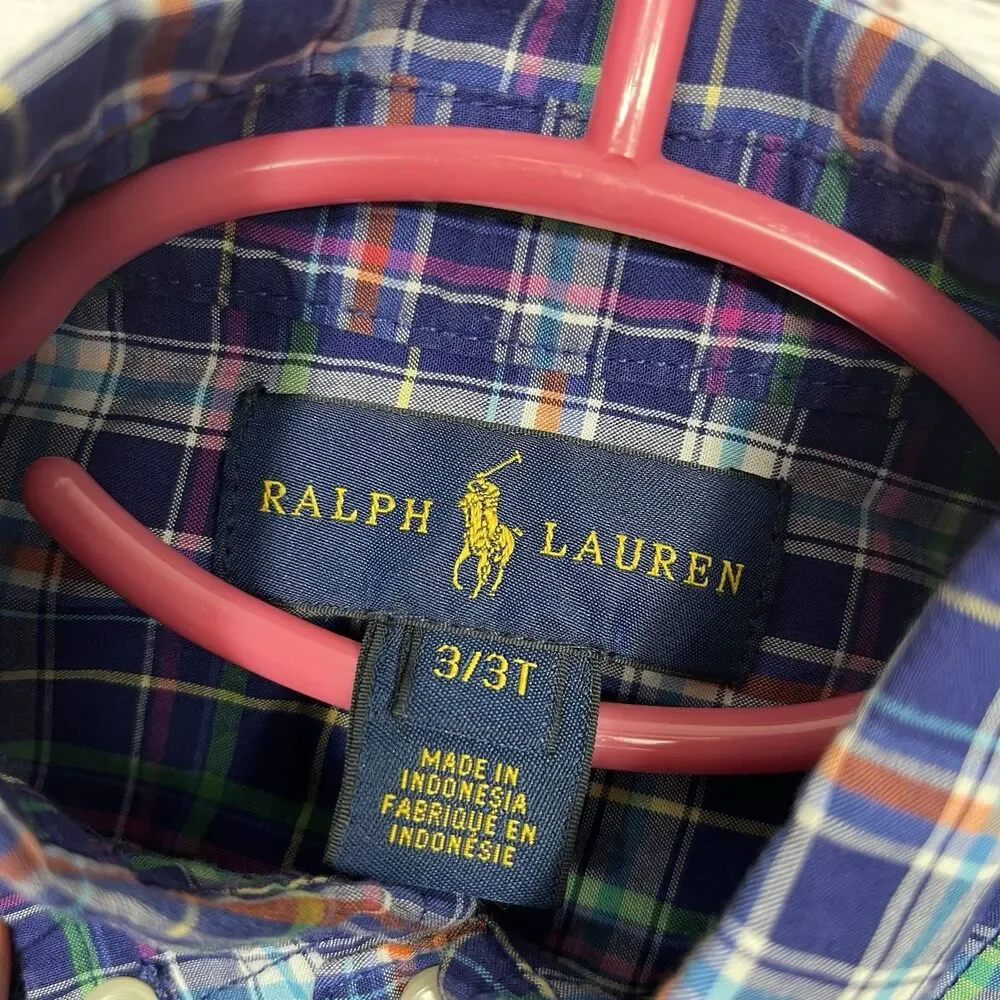 Ralph Lauren Shirt Toddler 3T Blue Green Pink Multi Long Sleeve Button Down Pony